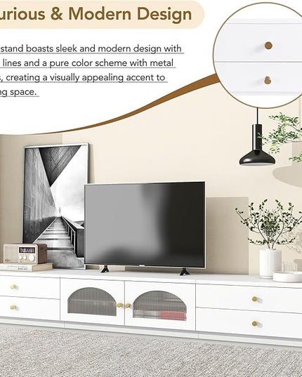Luxurious Long Fluted Doors, Tempered Glass Shelf Entertainment Center Media Console Table Stand for TVs Up to 95'', with Multiple Storage for Living Room, Bedroom, White - LeafyLoom