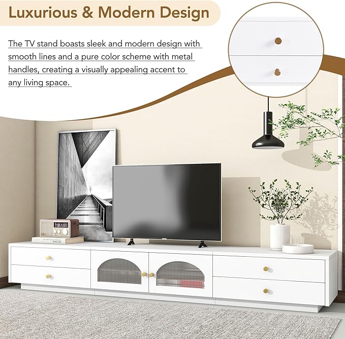 Luxurious Long Fluted Doors, Tempered Glass Shelf Entertainment Center Media Console Table Stand for TVs Up to 95'', with Multiple Storage for Living Room, Bedroom, White - LeafyLoom