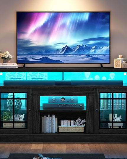 YITAHOME Black TV Stand for 75 Inch TV with LED Lights, 32'' Tall Modern TV Stands w/Adjustable Shelves & Glass Doors, Mid Century Modern Entertainment Center TV Media Console Table for Living Room - LeafyLoom