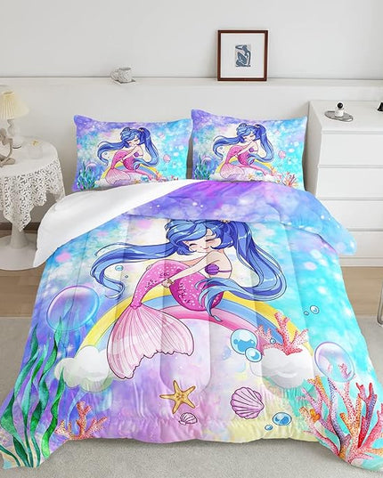 Datura home Kids Mermaid Comforter Set for Girls Women,Cute Mermaid Girl and Rainbow Shell Starfish Printed Pattern Blue Kawaii Bedding Set with 2 Pillowcases(Mermaid Girl Queen) - LeafyLoom