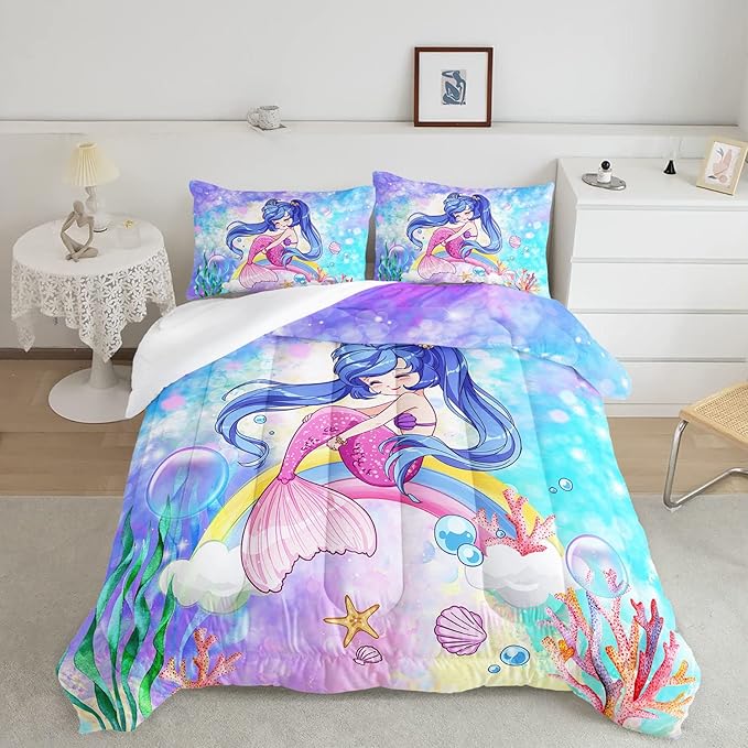 Datura home Kids Mermaid Comforter Set for Girls Women,Cute Mermaid Girl and Rainbow Shell Starfish Printed Pattern Blue Kawaii Bedding Set with 2 Pillowcases(Mermaid Girl Full) - LeafyLoom