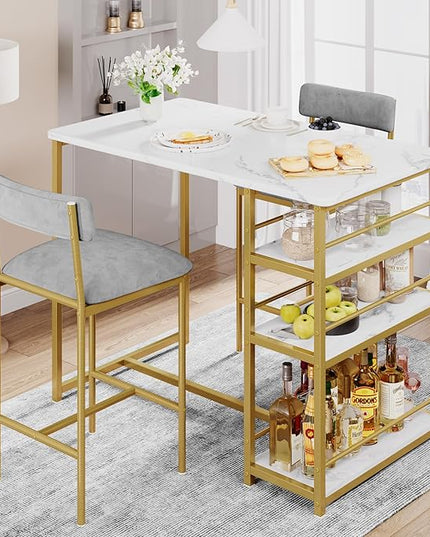 GAOMON Dining Table Set for 2, Kitchen Table and Upholstered Chairs for 2, 3 Piece Counter Height Bar Kitchen Table Set with 3 Storage Shelves for Small Space, Apartment, Velvet Gray and Gold White - LeafyLoom