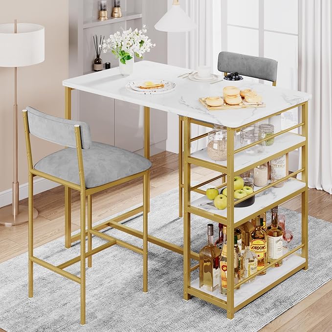 GAOMON Dining Table Set for 2, Kitchen Table and Upholstered Chairs for 2, 3 Piece Counter Height Bar Kitchen Table Set with 3 Storage Shelves for Small Space, Apartment, Velvet Gray and Gold White - LeafyLoom