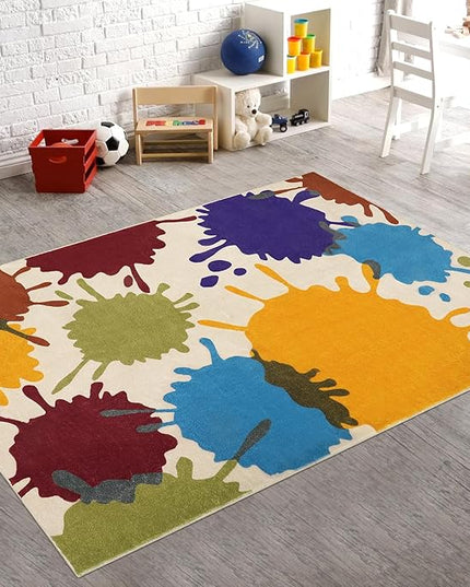 Art Bedroom Rug, 4'x6' Machine Washable Kids Rug for Playroom, Paint Splash Rainbow Area Rug for Classroom, Soft Colorful Living Room Rug Throw Play Mat for Nursery Office Preschool - LeafyLoom