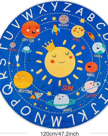 Round ABC Kids Rug,4 Ft Soft Circle Alphabet Playroom Rug,Washable Non-Slip Solar System Kids Play Rug,Space Educational Rug Kids Carpet for Classroom Playroom Bedroom Kids Room Decor - LeafyLoom