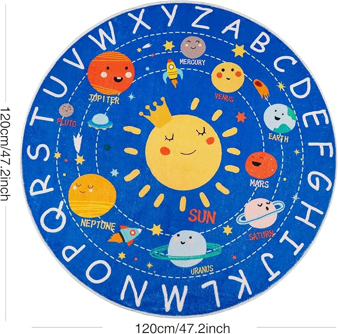 Round ABC Kids Rug,4 Ft Soft Circle Alphabet Playroom Rug,Washable Non-Slip Solar System Kids Play Rug,Space Educational Rug Kids Carpet for Classroom Playroom Bedroom Kids Room Decor - LeafyLoom