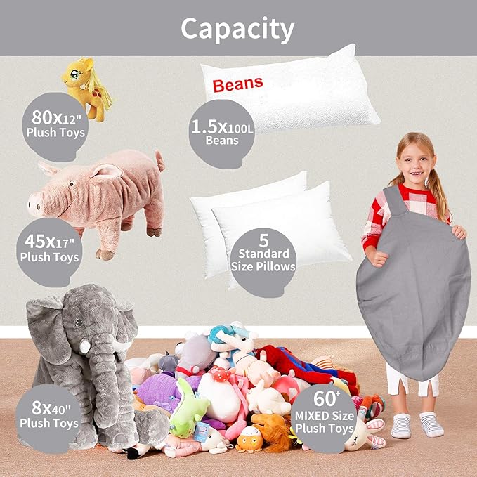 Aubliss Stuffed Animal Storage Bean Bag Chair Cover (No Beans)，Stuff and Sit Storage Bean Bag for Kids Toy Storage，Medium 32"-Canvas Solid Grey - LeafyLoom