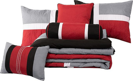 Chezmoi Collection 7-Piece Quilted Patchwork Comforter Set, Red/Gray/Black, Queen - LeafyLoom