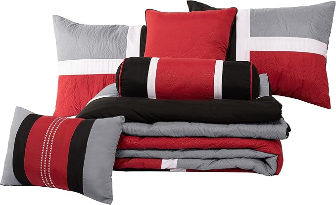 Chezmoi Collection 7-Piece Quilted Patchwork Comforter Set, Red/Gray/Black, Queen - LeafyLoom