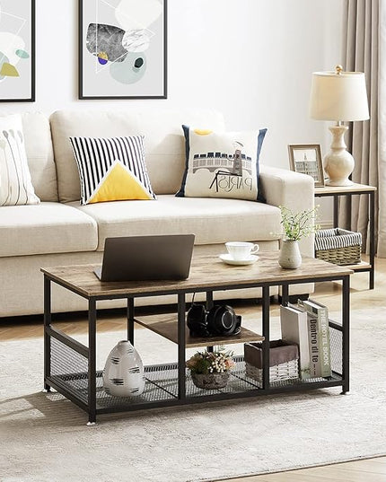 VECELO Coffee Center Table with Storage for Living Room Office Reception, Modern & Industrial Mesh Shelf, 39.4 Inch, Grey - LeafyLoom