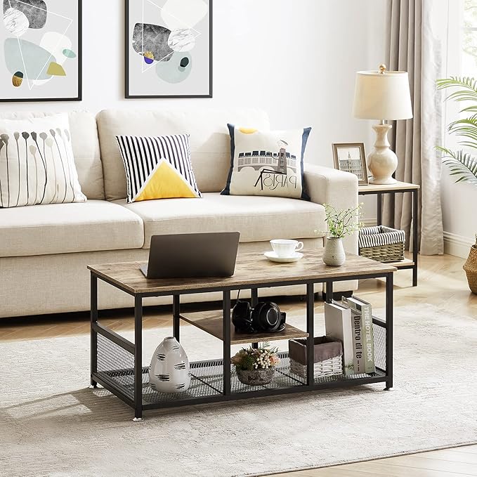 VECELO Coffee Center Table with Storage for Living Room Office Reception, Modern & Industrial Mesh Shelf, 39.4 Inch, Grey - LeafyLoom