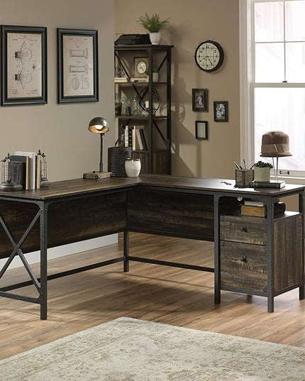 Sauder Steel River L-Shaped Desk, L: 59.84" x W: 57.32" x H: 29.53", Carbon Oak Finish - LeafyLoom