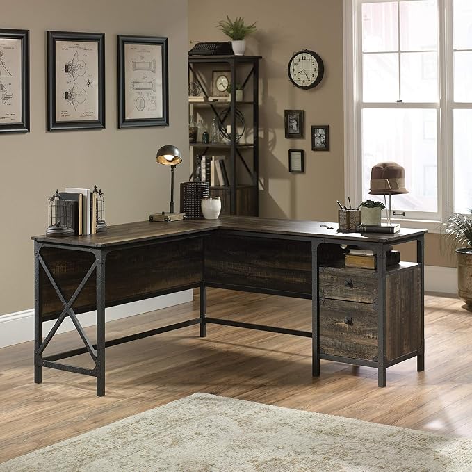 Sauder Steel River L-Shaped Desk, L: 59.84" x W: 57.32" x H: 29.53", Carbon Oak Finish - LeafyLoom