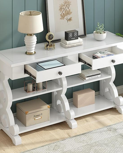Retro Console Table with Ample Storage,Wood Sideboard Frame,W/Open Adjustable Shelves and 2 Drawers,Buffet Cabinet for Entrance Dinning Living Room,Antique White, 54.1" - LeafyLoom