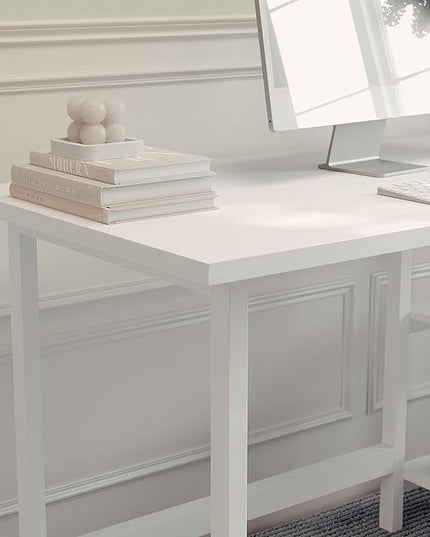 Martha Stewart Beckett Modern Trestle Desk with Open Side Shelving in White Wood Grain Finish - LeafyLoom