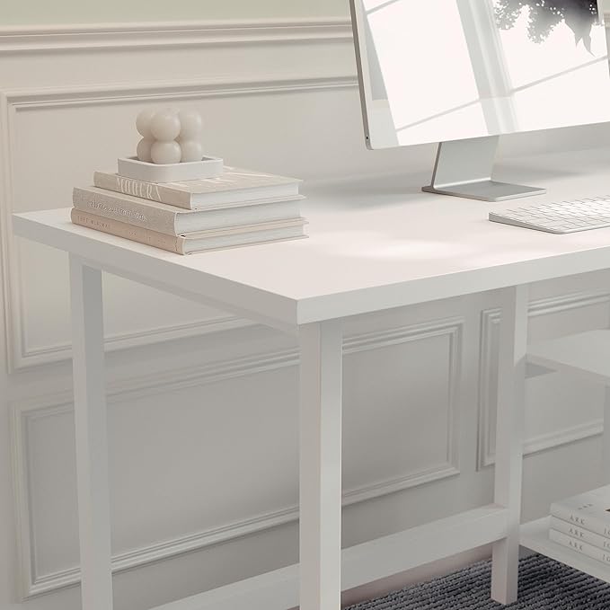 Martha Stewart Beckett Modern Trestle Desk with Open Side Shelving in White Wood Grain Finish - LeafyLoom