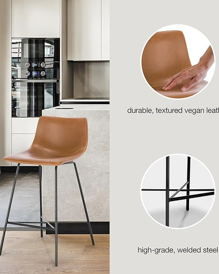 Poly and Bark Counter Stool 24 inches - Counter Height Bar Stools Set of 3 - Sturdy Kitchen Stools with Backs - Comfortable Bar Chair - Modern Countertop-High Chairs, Kitchen Island Barstools – Tan - LeafyLoom