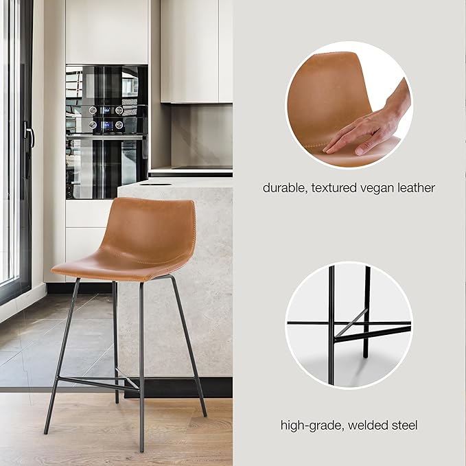 Poly and Bark Counter Stool 24 inches - Counter Height Bar Stools Set of 3 - Sturdy Kitchen Stools with Backs - Comfortable Bar Chair - Modern Countertop-High Chairs, Kitchen Island Barstools – Tan - LeafyLoom