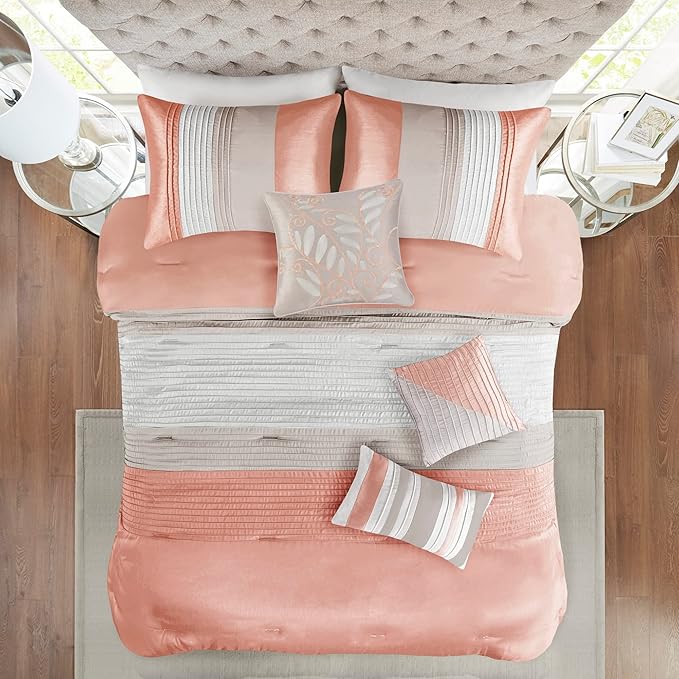 Madison Park Amherst Faux Silk Comforter Set - Casual Contemporary Design, All Season Down Alternative Bedding, Matching Shams, Bedskirt, Decorative Pillows, Cal King(104"x92"), Coral 7 Piece - LeafyLoom