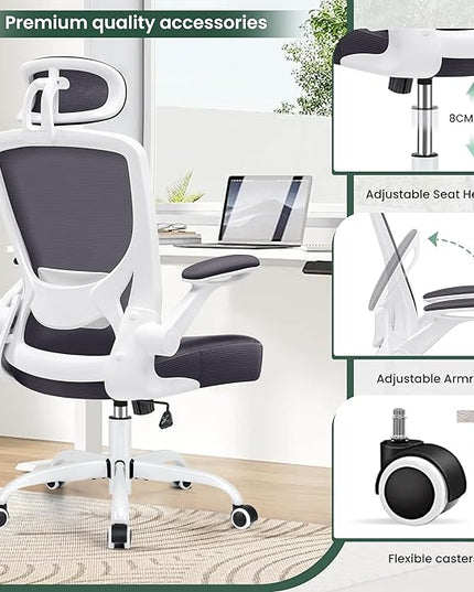 KERDOM Ergonomic Office Chair, Lumbar Support Computer Chair with Headrest and Flip-up Arms, Breathable Mesh Desk Chair, Swivel Task Chair, Adjustable Height Gaming Chair, Darkgray - LeafyLoom