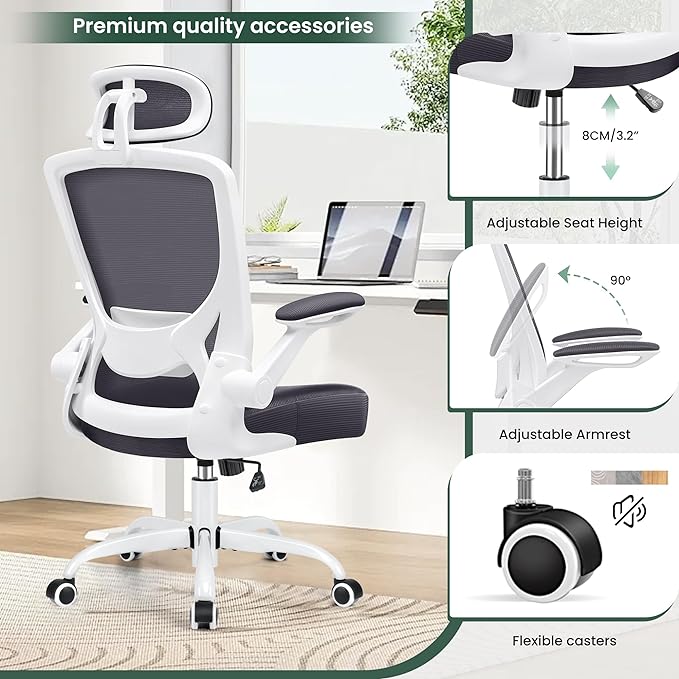 KERDOM Ergonomic Office Chair, Lumbar Support Computer Chair with Headrest and Flip-up Arms, Breathable Mesh Desk Chair, Swivel Task Chair, Adjustable Height Gaming Chair, Darkgray - LeafyLoom