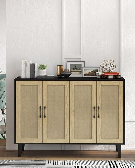 Panana Buffet Storage Cabinet with Rattan Decorating 4 Doors Living Room Kitchen Sideboard 48.43 x 34.65 x 15 inch (Black) - LeafyLoom