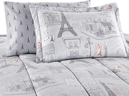 Printed Queen Bedding Sets with Comforter and Sheets, 7 Piece Bed in A Bag Comforter Set with Fluffy Microfiber, Vintage French Paris City Retro Eiffel Tower Pattern - LeafyLoom