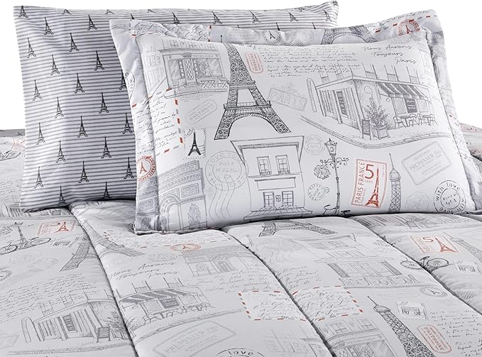Printed Queen Bedding Sets with Comforter and Sheets, 7 Piece Bed in A Bag Comforter Set with Fluffy Microfiber, Vintage French Paris City Retro Eiffel Tower Pattern - LeafyLoom