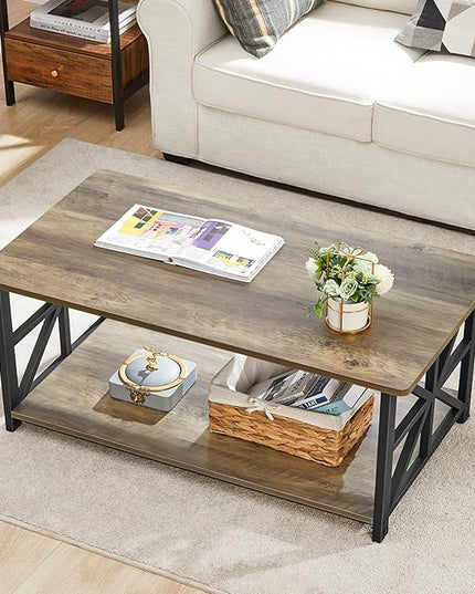 GreenForest Coffee Table for Living Room with Round Corners Farmhouse Style Center Table with Storage Shelf 39 Inch Space Saving Easy Assembly Gray Wash - LeafyLoom