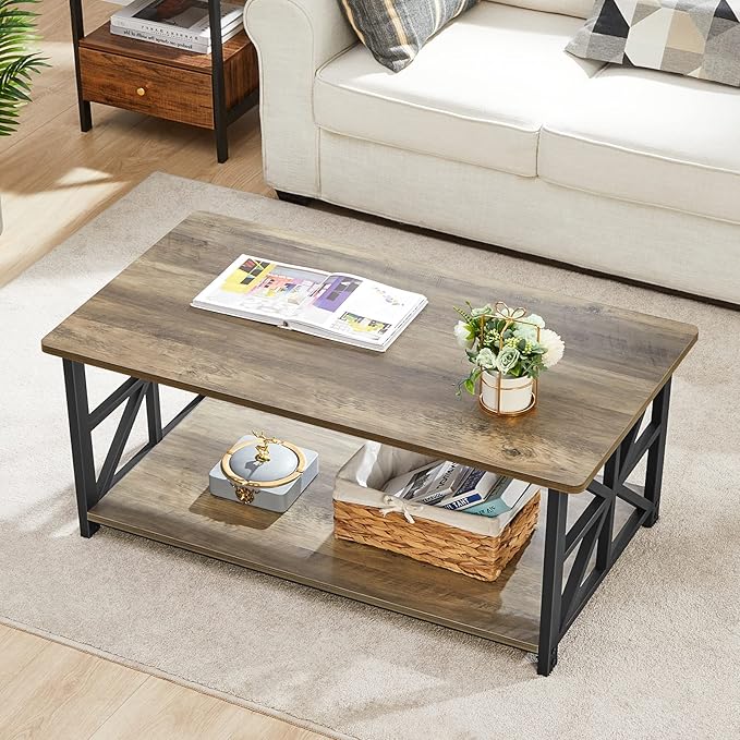 GreenForest Coffee Table for Living Room with Round Corners Farmhouse Style Center Table with Storage Shelf 39 Inch Space Saving Easy Assembly Gray Wash - LeafyLoom