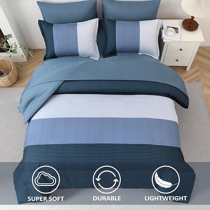 WONGS BEDDING Navy Blue Comforter Set Queen, Reversible Striped Patchwork Down Alternative Comforter,3 Pieces (1 Comforter+2 Pillowcases), Soft Microfiber Bedding Duvet Insert Set 90"×90" - LeafyLoom