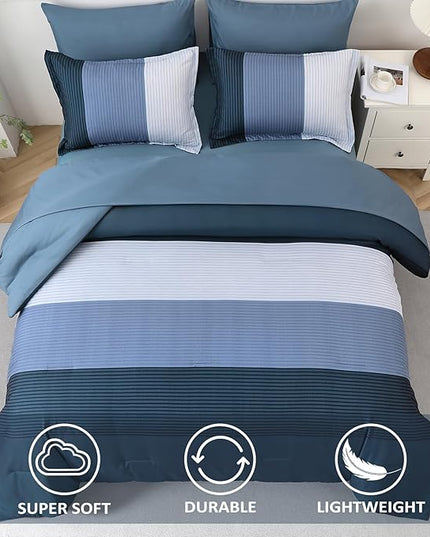 Navy Blue Comforter Set King, Reversible Navy Blue Striped Down Alternative Comforter for King Bed,3 Pieces (1 Comforter+2 Pillowcases), Soft Microfiber Bedding Duvet Set 104"×90" - LeafyLoom
