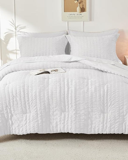 HYMOKEGE Seersucker Queen Comforter Set 3 Pieces, Lightweight Comforter Sets for Bedding, Bed Set with 1 All Season Soft Down Alternative Comforter and 2 Pillow Shams, White - LeafyLoom