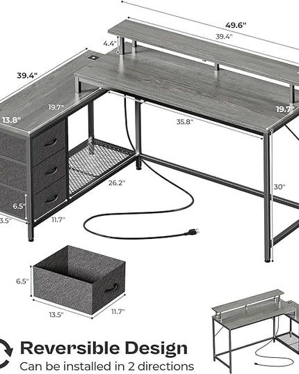 Reversible L Shaped Computer Desk with Drawers, Gaming Desk with LED Lights and Power Outlets, Office Desk with Storage Shelves, Corner Desk with Monitor Stand, for Home & Office, Gray - LeafyLoom