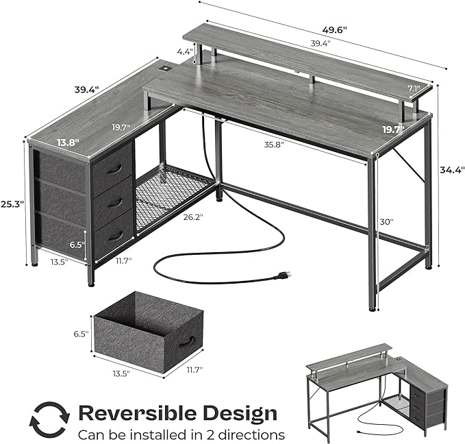 Reversible L Shaped Computer Desk with Drawers, Gaming Desk with LED Lights and Power Outlets, Office Desk with Storage Shelves, Corner Desk with Monitor Stand, for Home & Office, Gray - LeafyLoom