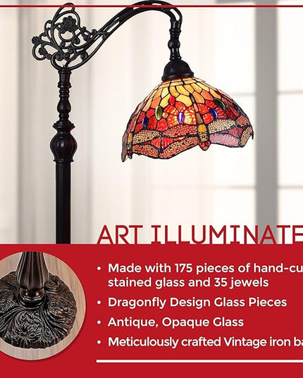 Amora Tiffany Style Floor Lamp Arched Adjustable 62" Tall Stained Glass Red Yellow Green Dragonfly Antique Vintage Light Decor Bedroom Living Room Reading Gift AM079FL10B Lighting - LeafyLoom