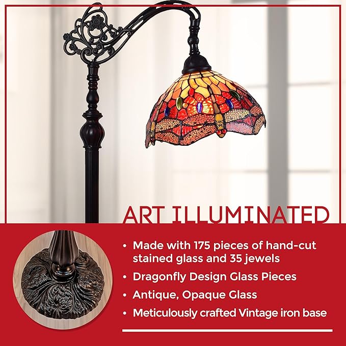 Amora Tiffany Style Floor Lamp Arched Adjustable 62" Tall Stained Glass Red Yellow Green Dragonfly Antique Vintage Light Decor Bedroom Living Room Reading Gift AM079FL10B Lighting - LeafyLoom
