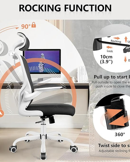 FelixKing Office Chair with Headrest, Ergonomic Desk Chair with Wheels, Task Swivel Comfy Chair with Adjustable Lumbar Support, Breathable Mesh Computer Chair with flip-up Armrests (White) - LeafyLoom