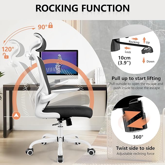 FelixKing Office Chair with Headrest, Ergonomic Desk Chair with Wheels, Task Swivel Comfy Chair with Adjustable Lumbar Support, Breathable Mesh Computer Chair with flip-up Armrests (White) - LeafyLoom