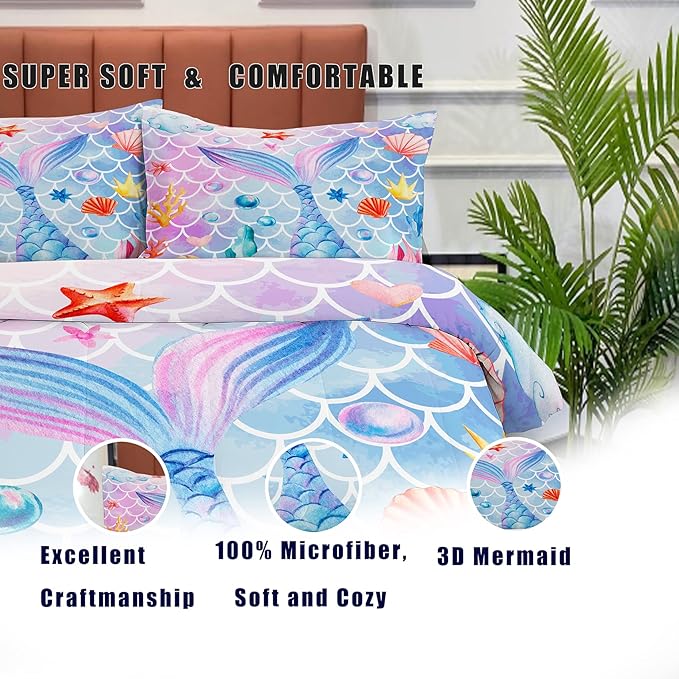NINENINE Mermaid Comforter Sets,Full Size Girls Bedding Set,Girls Princess Comforter Sets Full Size,Colorful Ocean Fish Scales Comforter Set with 1 Comforter 2Pillowcases - LeafyLoom