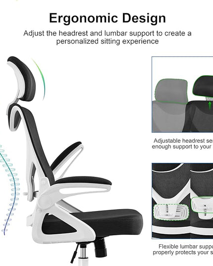 Yaheetech Ergonomic Mesh Office Chair, High Back Desk Chair with with flip-up Armrests, Adjustable Padded Headrest Computer Chair with Lumbar Support for Home Oiffce Game Room, White/Black - LeafyLoom