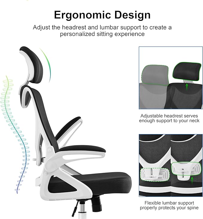 Yaheetech Ergonomic Mesh Office Chair, High Back Desk Chair with with flip-up Armrests, Adjustable Padded Headrest Computer Chair with Lumbar Support for Home Oiffce Game Room, White/Black - LeafyLoom