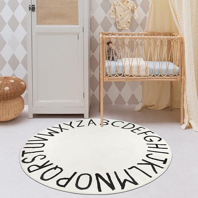 Topotdor Round Kids Play Rug Alphabet Nursery Area Rug Extra Large Soft Crawling Play Mat for Children Toddlers Bedroom (47 inch, Beige) - LeafyLoom