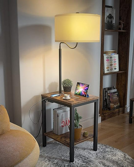 LED Floor Lamp with Table - Rustic End Table with USB Charging Port, Power Outlet, Bedside Nightstand Shelves, Side Table with Reading Standing Light for Living Room, Bedroom, Bulb Included - LeafyLoom