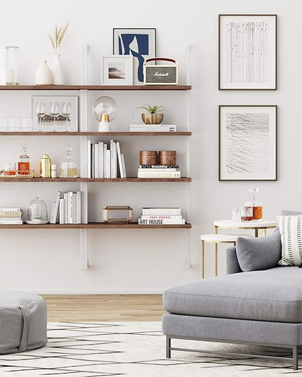 Nathan James Theo 4-Shelf Bookcase, Floating Wall Mount Shelves with Natural Wood and Industrial Pipe Metal Frame, Oak/White - LeafyLoom