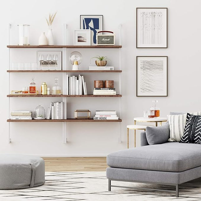 Nathan James Theo 4-Shelf Bookcase, Floating Wall Mount Shelves with Natural Wood and Industrial Pipe Metal Frame, Oak/White - LeafyLoom