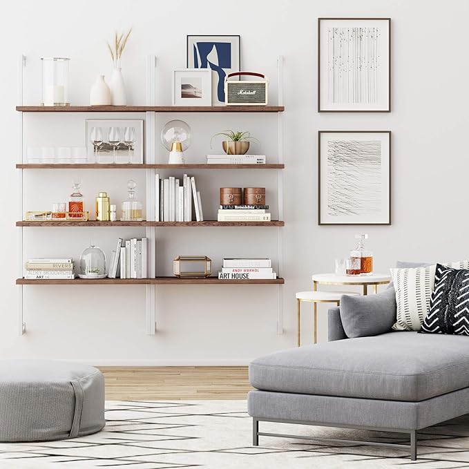 Nathan James Theo 4-Shelf Bookcase, Floating Wall Mount Shelves with Natural Wood and Industrial Pipe Metal Frame, Oak/White - LeafyLoom