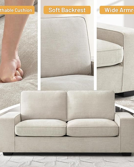 EASELAND 71" Loveseat, Small Chenille Loveseat for Small Spaces, 2-Seater Modern Deep Seat Couch with Removable Back and Cushions, Lounge Sofa for Bedroom with Wood Legs and Fluffy Armrest (Beige) - LeafyLoom