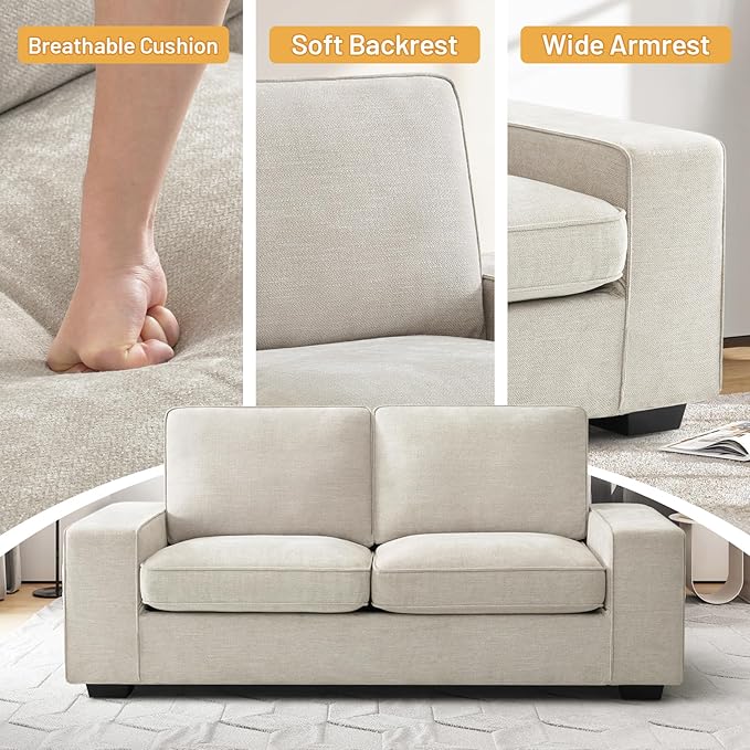 EASELAND 71" Loveseat, Small Chenille Loveseat for Small Spaces, 2-Seater Modern Deep Seat Couch with Removable Back and Cushions, Lounge Sofa for Bedroom with Wood Legs and Fluffy Armrest (Beige) - LeafyLoom