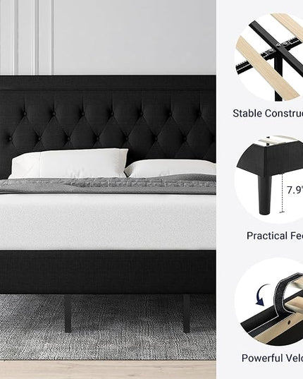 Allewie King Size Bed Frame Upholstered Platform Bed with Adjustable Headboard, Button Tufted, Wood Slat Support, Easy Assembly, Black - LeafyLoom